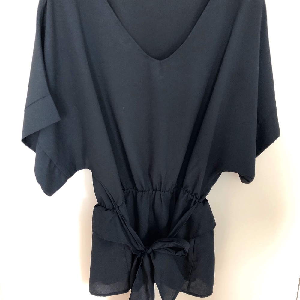 Black batwing blouse with front tie
